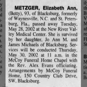 Obituary for Elizabeth Ann METZGER